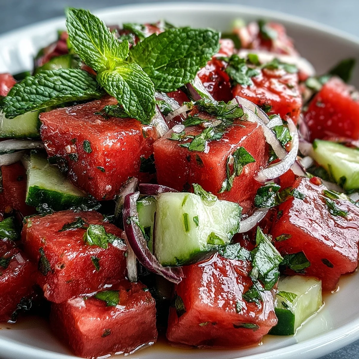 Vibrant Summer Watermelon Cucumber Mint Salad tossed with crisp cucumber cubes and juicy watermelon chunks on a rustic wooden table.