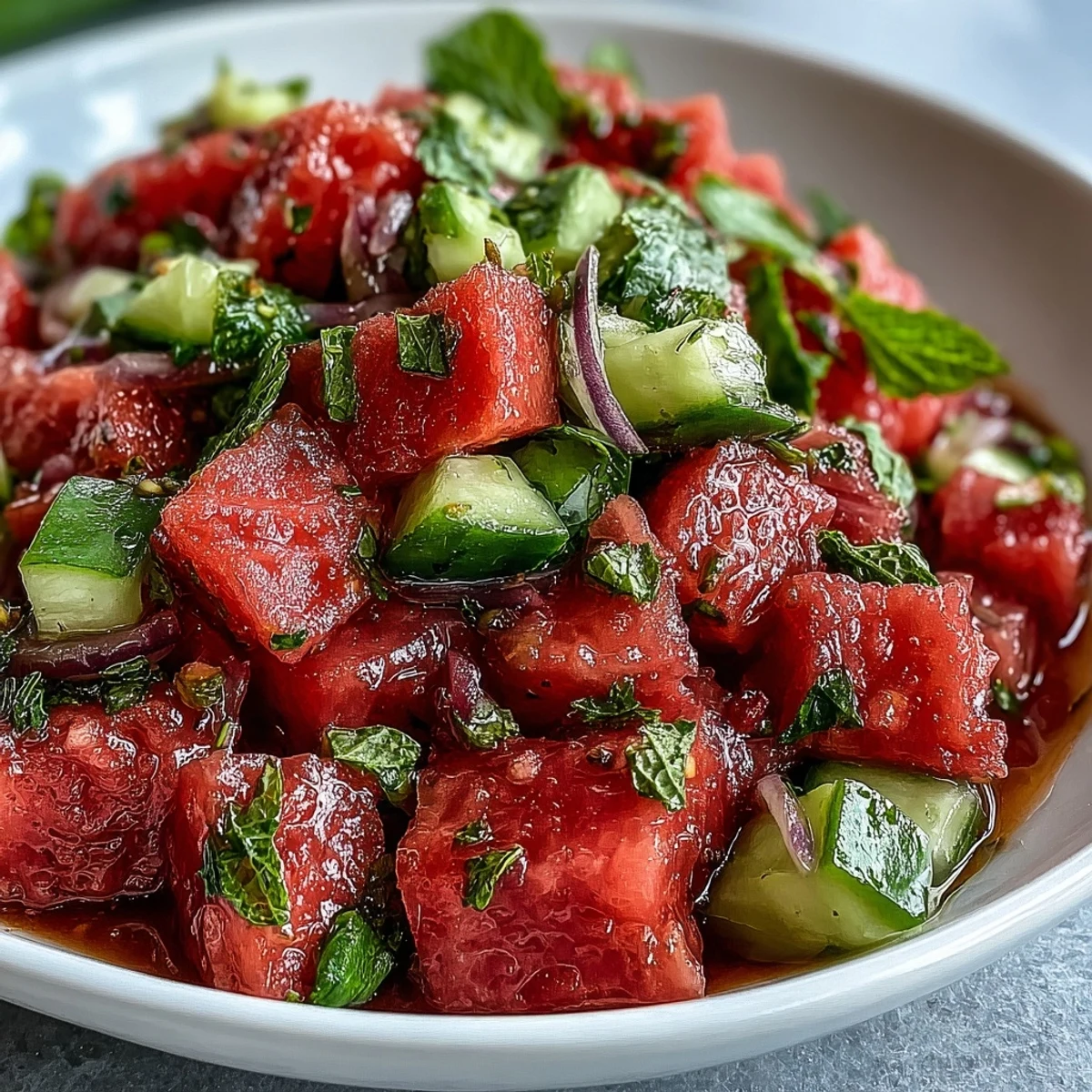 Refreshing Summer Watermelon Cucumber Mint Salad plated with red onion slices and extra mint, perfect for a light summer lunch.