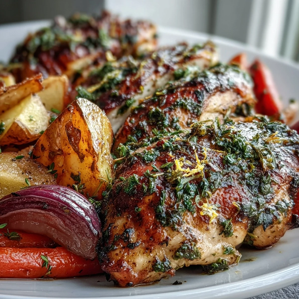 Succulent Sheet Pan Herb-Crusted Chicken with Root Vegetables roasted until golden on a baking sheet, served family-style for a wholesome dinner.