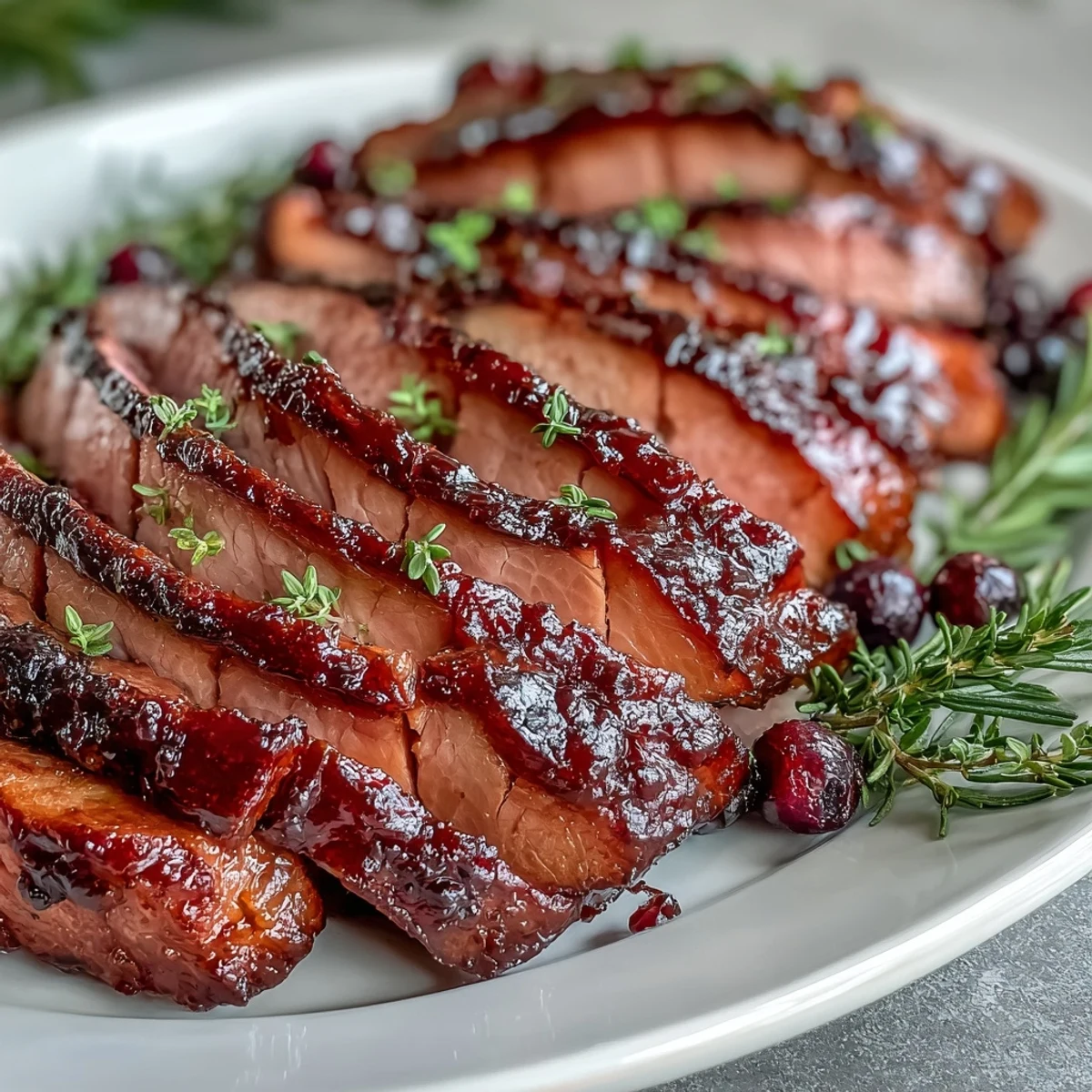 1. A beautifully glazed baked ham with a rich black currant jam and Dijon mustard glaze, golden and caramelized, ready for slicing at a festive gathering.  