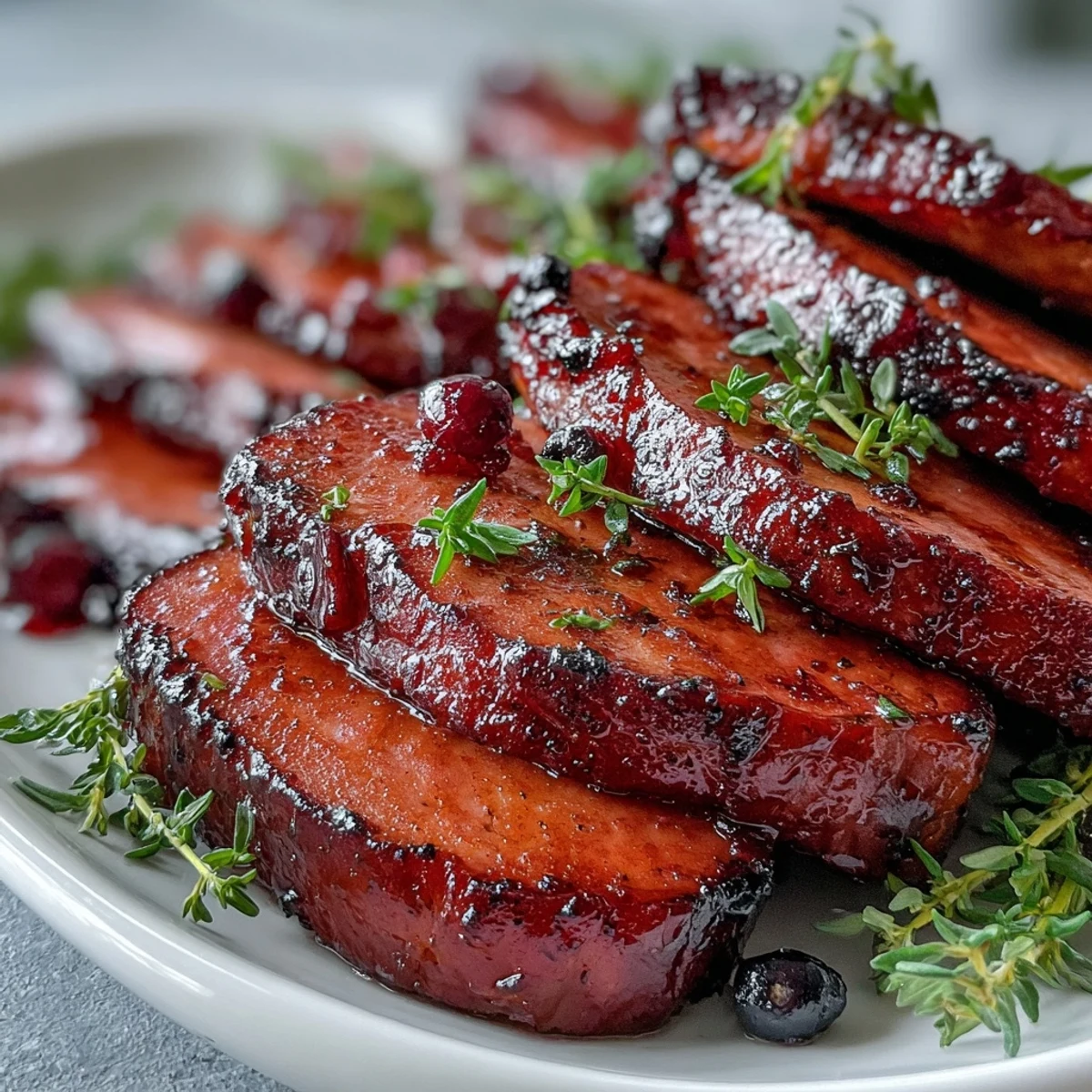 3. Oven-roasted ham with a vibrant black currant jam glaze, its surface glistening and caramelized, served with fresh herbs for an elegant presentation.
