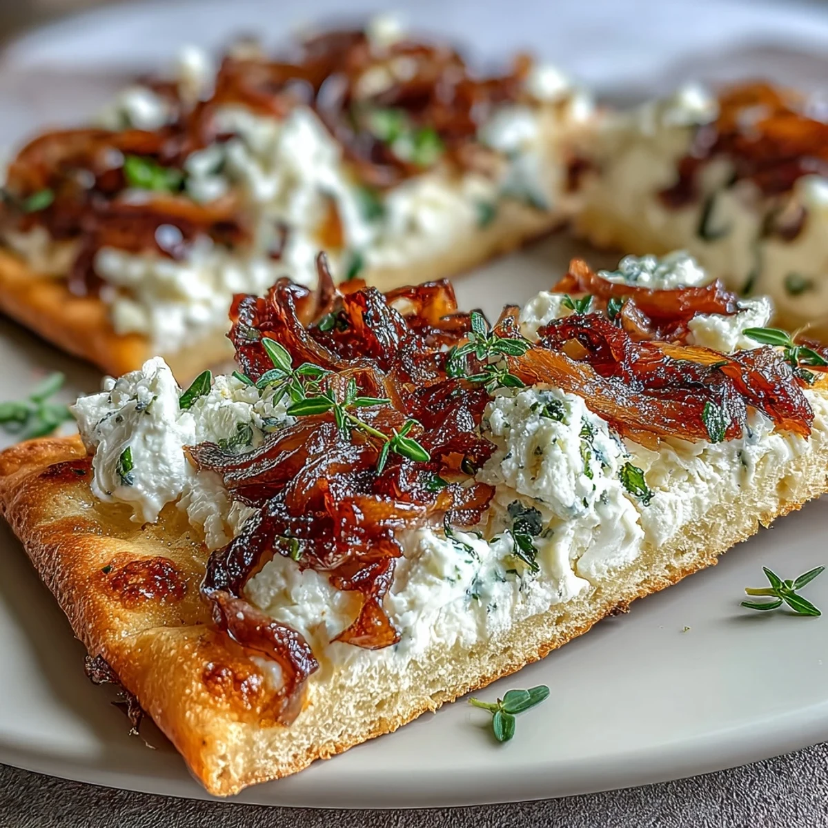 Złocista płaska pizza z pieczonymi cebulami, kremowym serem kozim i świeżą tymiankiem.