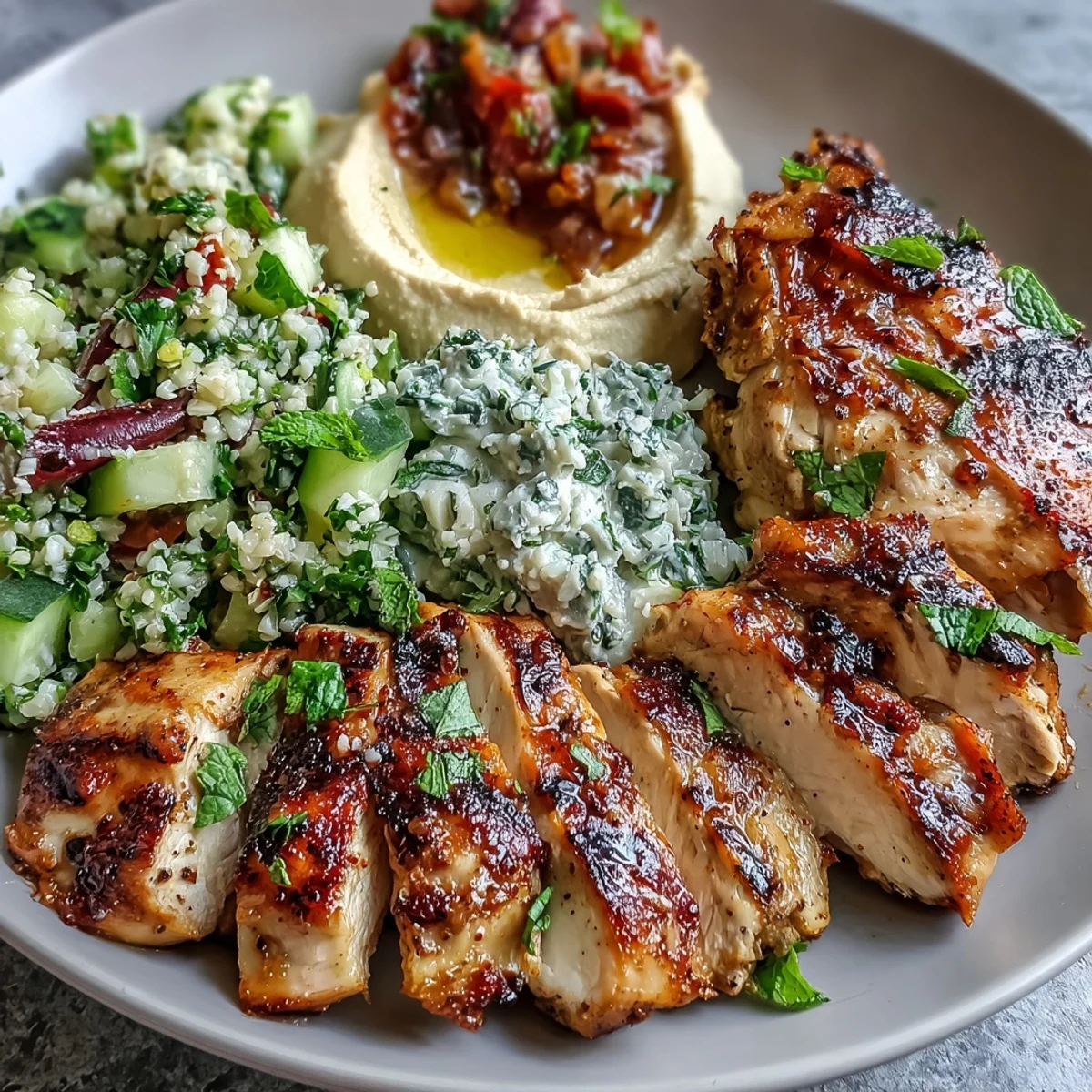 3. Grilled chicken breast with Mediterranean seasoning, creamy hummus, and refreshing parsley mint tabbouleh on a white plate.