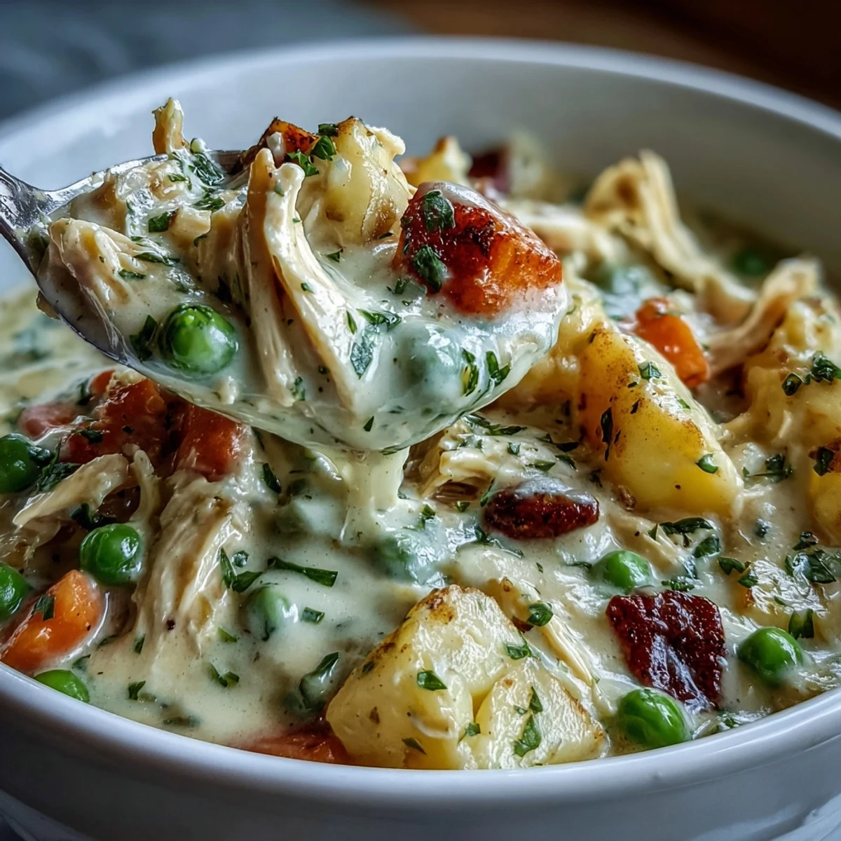 Sernikowa zupa z kurczakiem i zielonymi groszkami, udekorowana świeżą pietruszką.