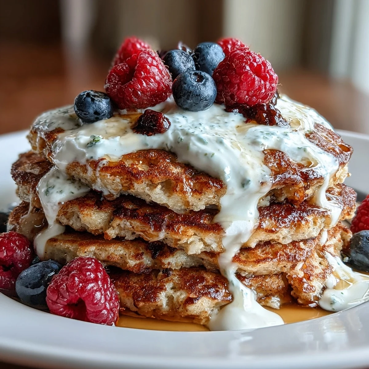 Puchate, pełnowartościowe naleśniki z jagodami, podawane z kremowym jogurtem greckim i natką miodu.