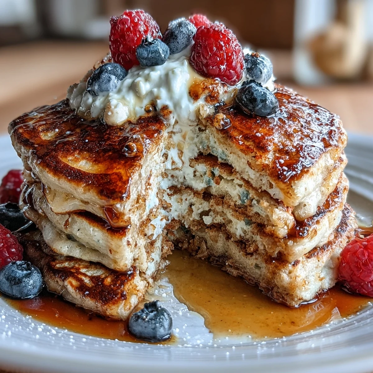 Białko-bobowe naleśniki z gęstą grecką jogurtem, z pokrywającymi je świeżymi jagodami i kwaśnym serkiem.