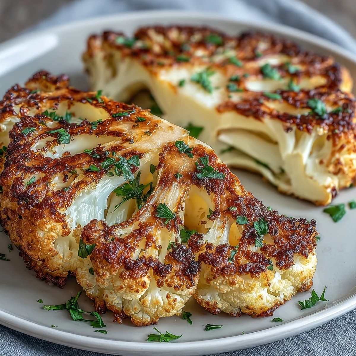 Złociste plasterki kalafiora z aromatyczną skórką z czosnkiem i Parmezanem, idealne na obiad lub kolację.  