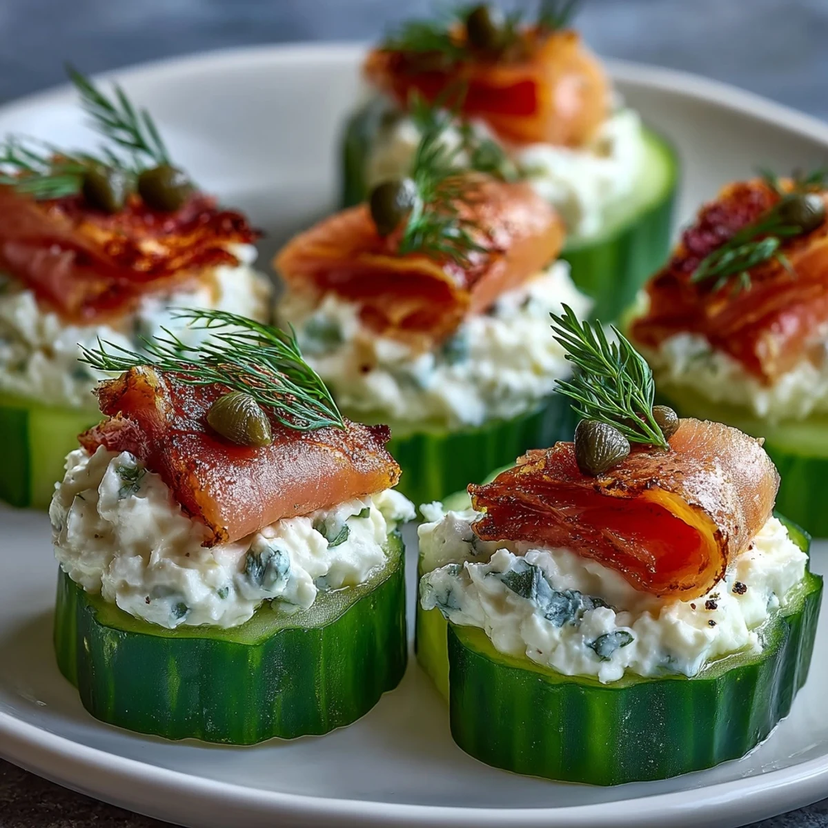Eleganckie kawałki ogórka z kremowym serem i wędzonym łososiem – idealne danie keto na każdą okazję.