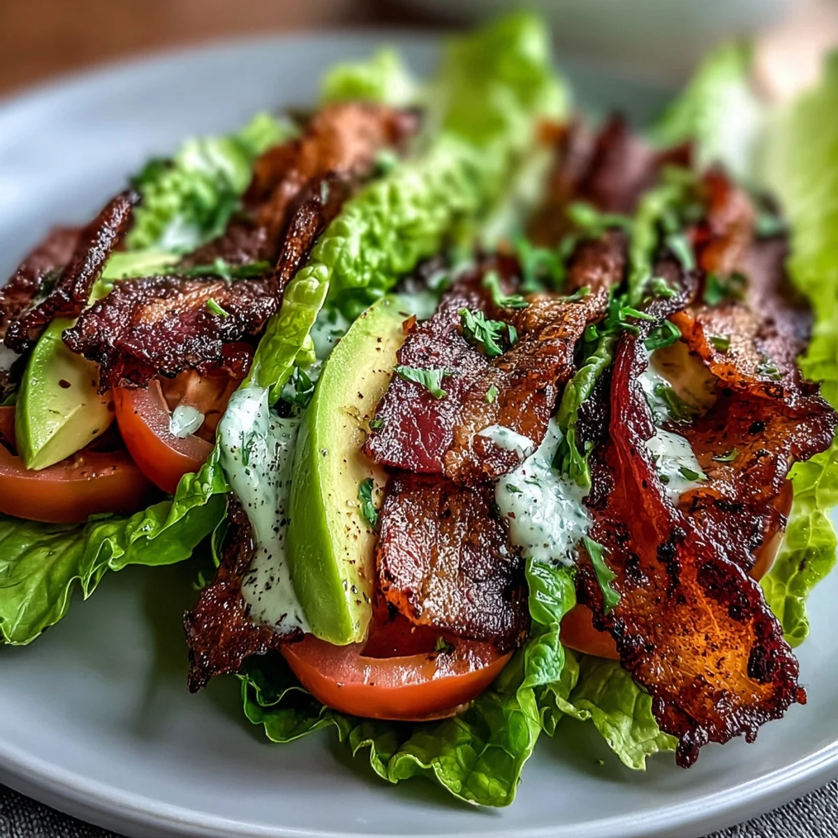 Keto BLT Lettuce Wraps with Garlic Mayo and Cracked Pepper on a rustic wooden board  