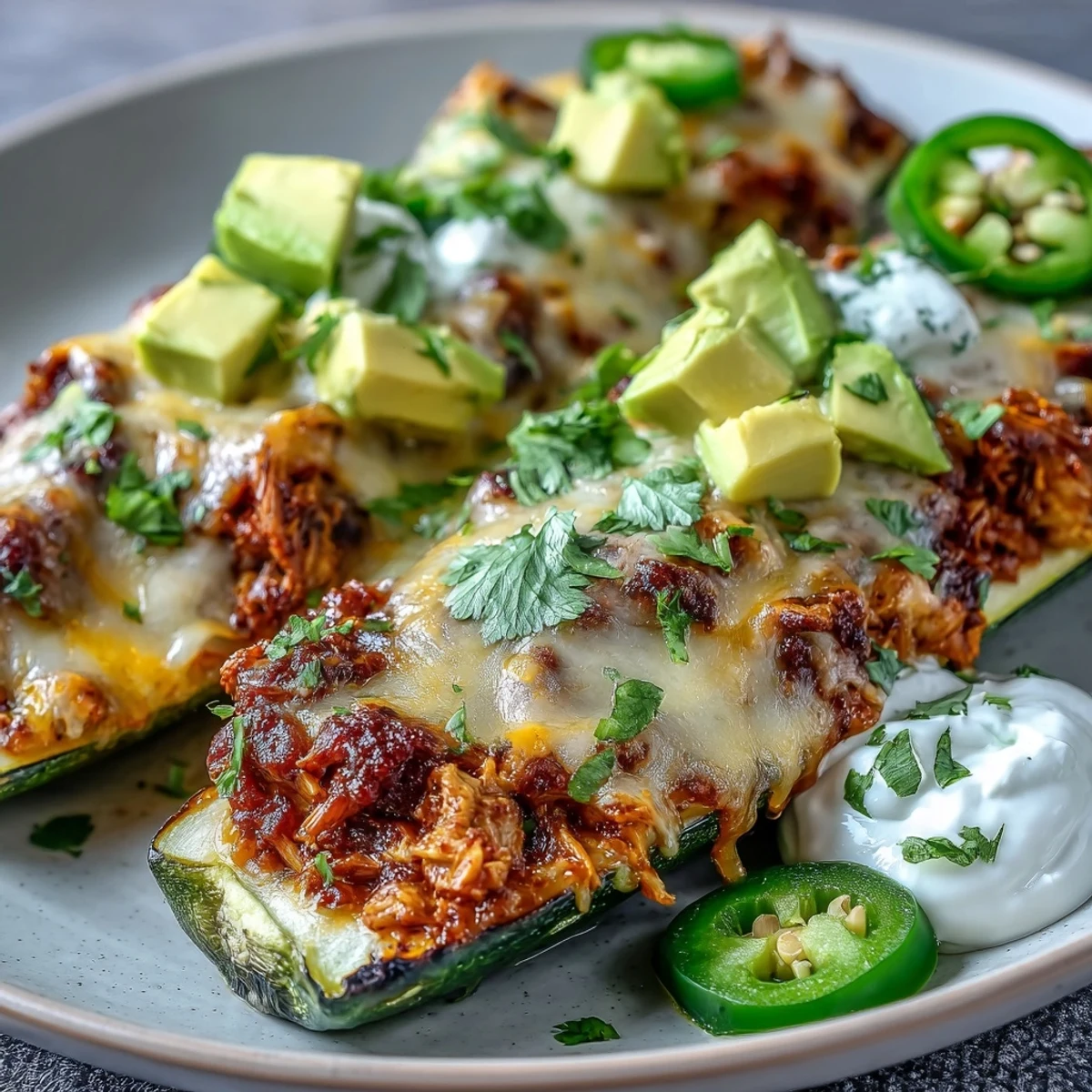 Kolorowe łódki z cukinii z kremowym farszem z kurczaka, przykryte rozpływającym się serem i świeżą kolendrą.