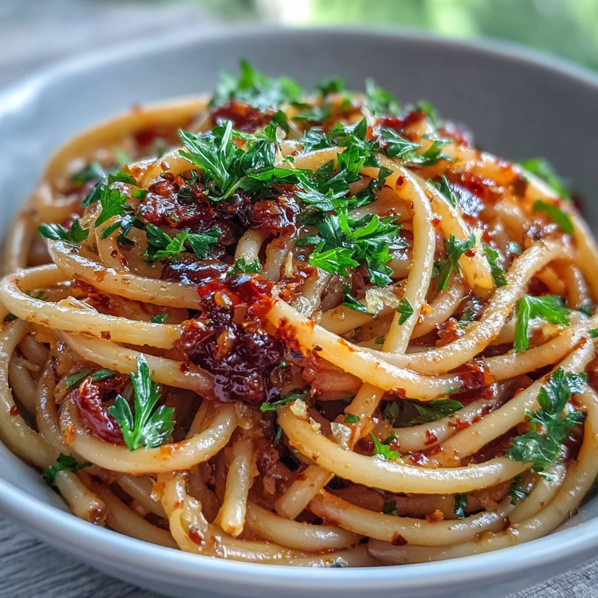 Spicy Calabrian chili pasta with bucatini in fiery red chili oil sauce, topped with fresh parsley and lemon zest.  