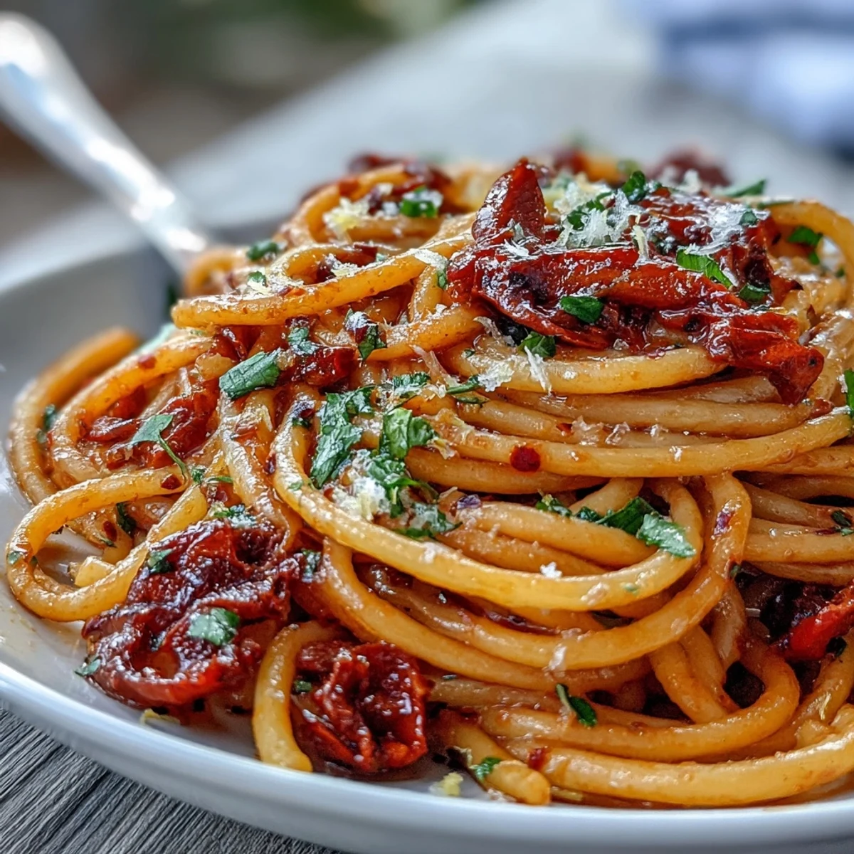 Fiery Calabrian chili pasta served hot, with bucatini tossed in chili paste, garlic, and anchovy for authentic Italian heat.
