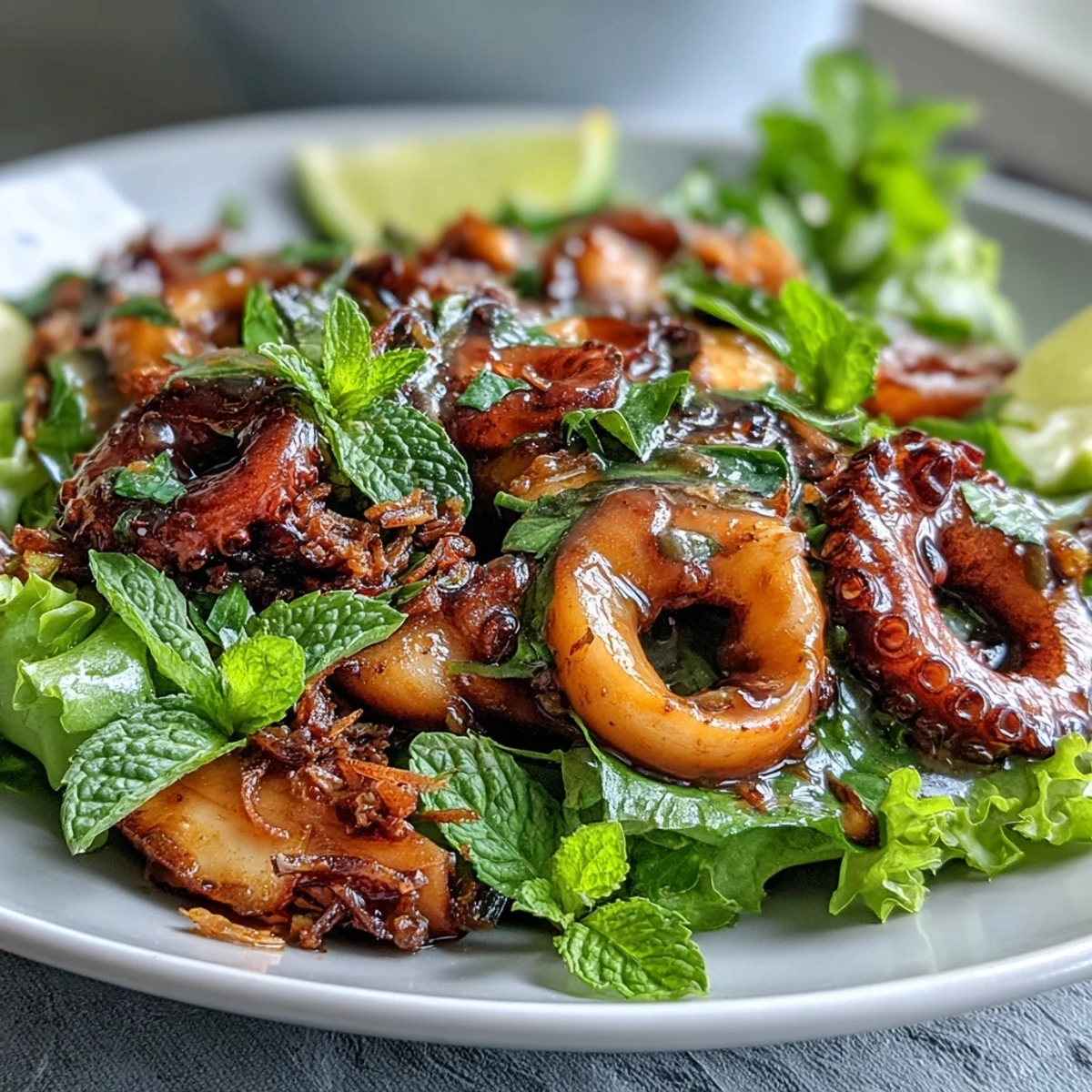 Chilli-Lime Squid Salad with fresh herbs and crispy shallots in a zesty dressing.  