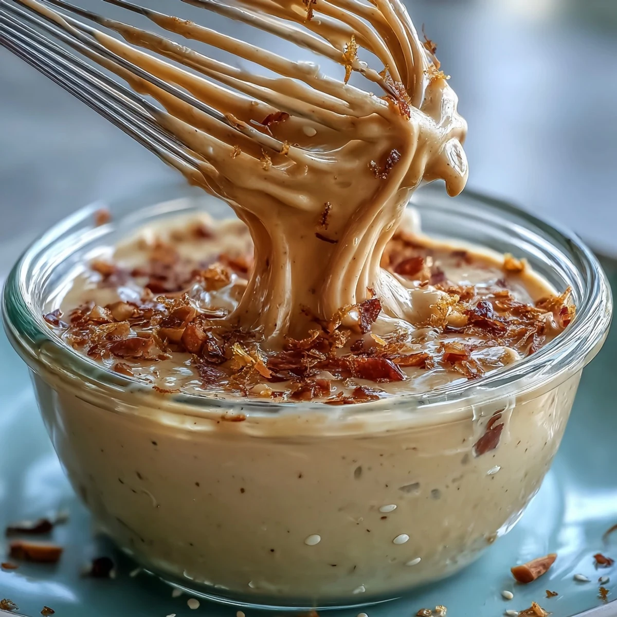 Złota, kremowa sałatkowa z tahini z lekkim kwaskiem i nutą czosnku, idealna do dipów i sałatek.