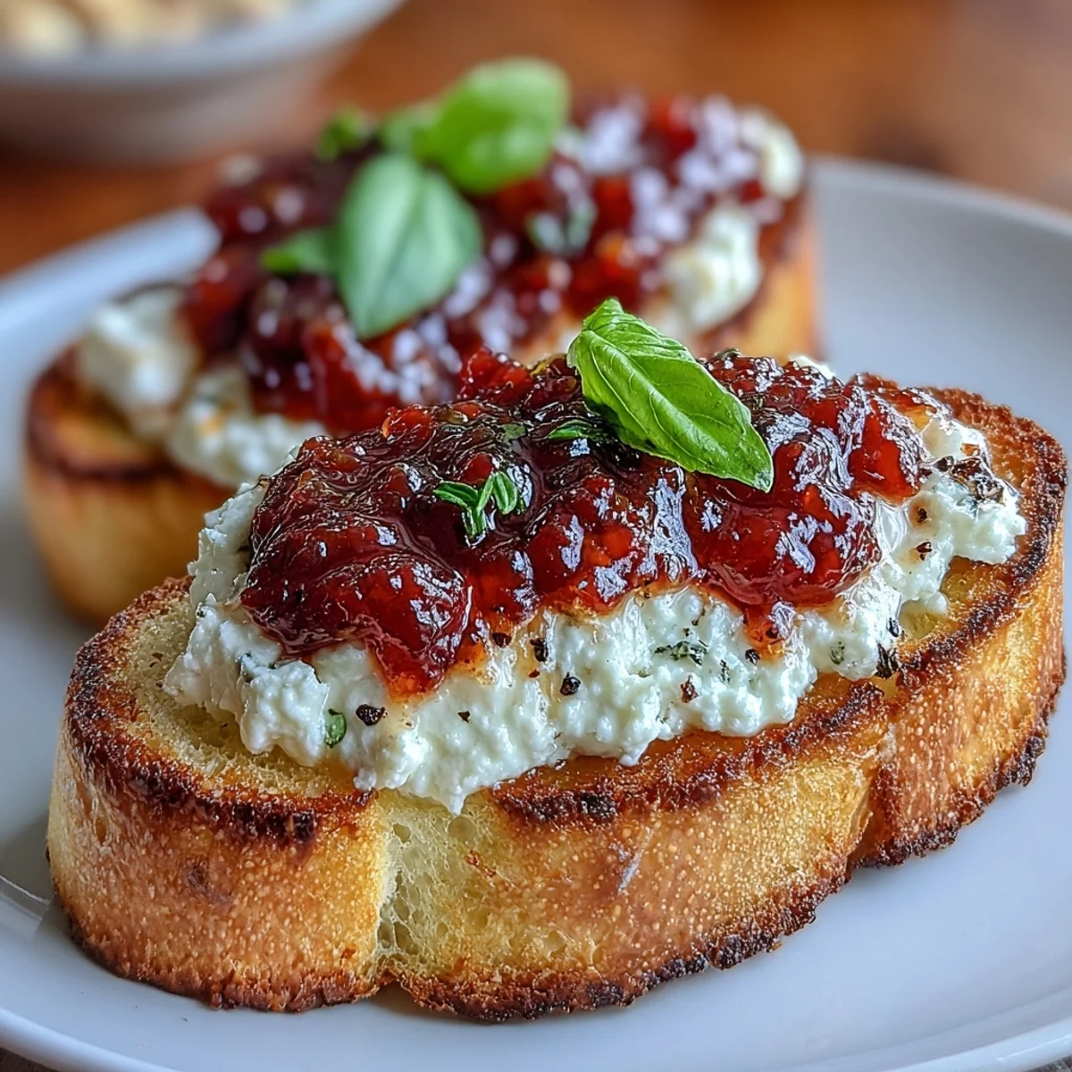 Chrupiące kromki bagietki z kremowym serem kozim i słodko-pikantną konfiturą z chili, idealne na przekąskę.  