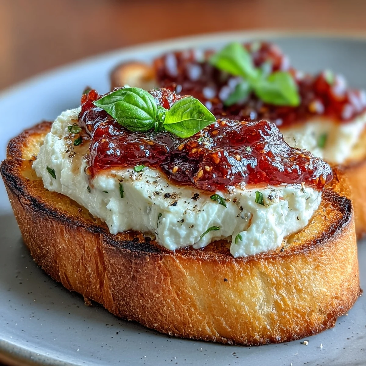 Bruschetta z serem kozim i konfiturą z chili na złocisto upieczonych kromkach bagietki.  
