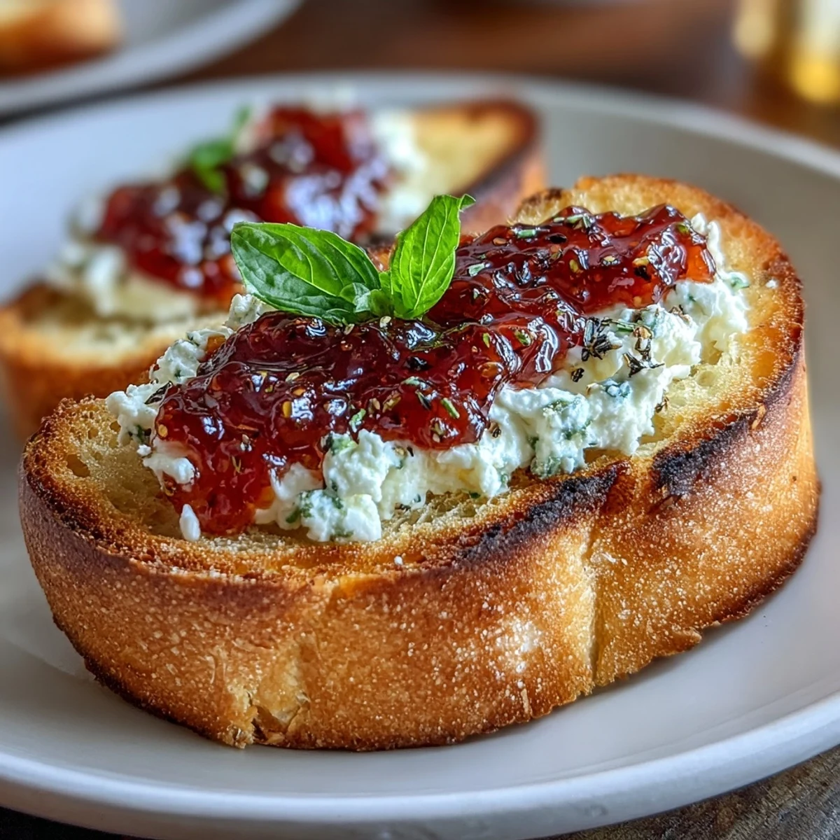 Aromatyczne kromki bagietki z serem kozim i konfiturą z chili, udekorowane świeżą bazylią.