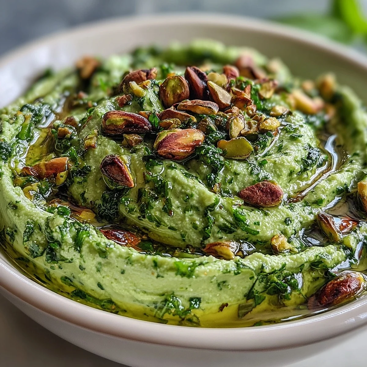 Pistachio pesto sauce in a bowl with fresh basil leaves and crushed pistachios.  