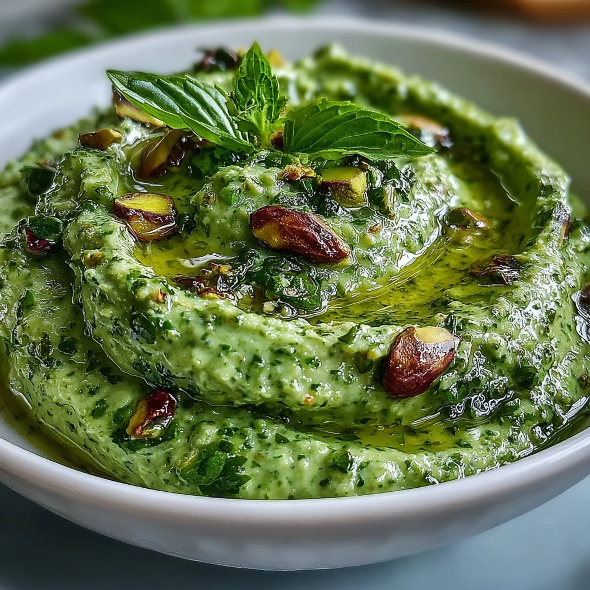 Vibrant green pistachio pesto spread on toasted crostini with a side of roasted vegetables.