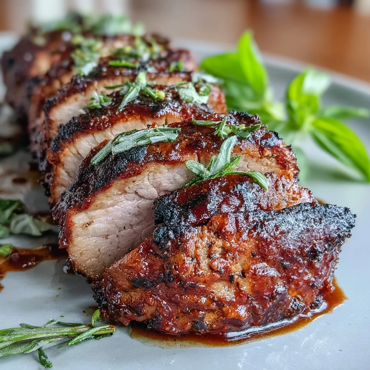 3. Tender pork tenderloin coated in vibrant jerk seasoning, roasted to juicy perfection and garnished with fresh cilantro and lime.