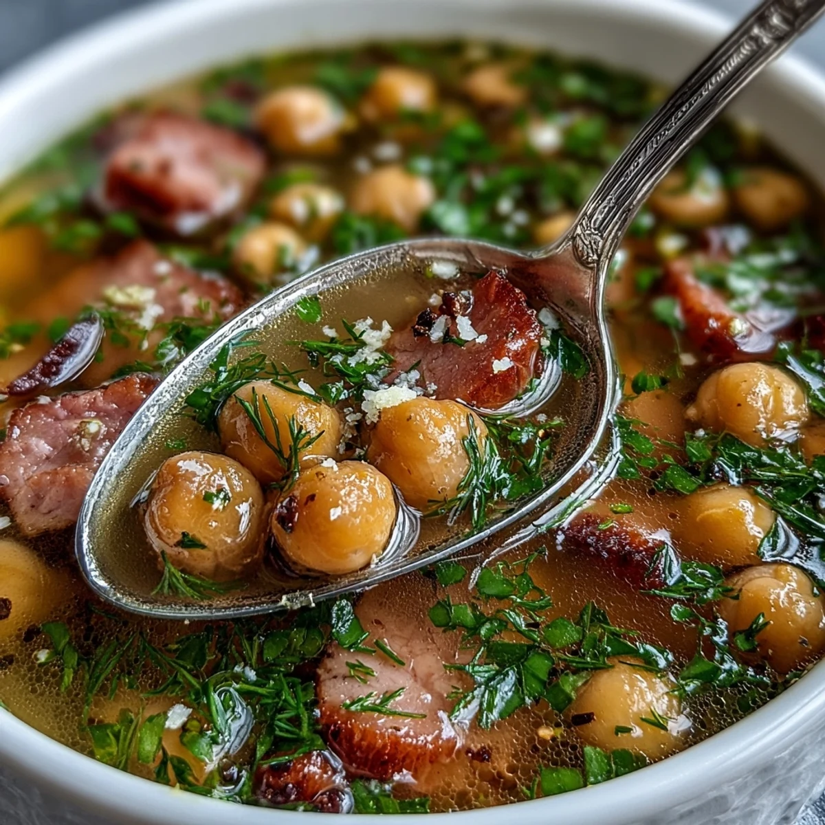 Pyszna zupa z szynką i ciecierzycą z świeżym koperkiem i cytryną, idealna na komfortową porcję.