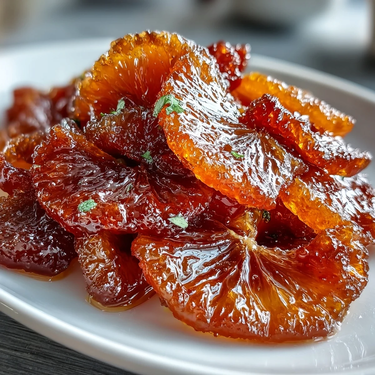 Słodkie, przezroczyste segmenty pomarańczy w syropie — doskonały dodatek do deserów.  