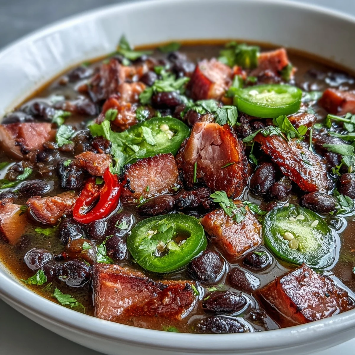 Pyszna, ziołowa zupa z fasolą czarno oczko i szynką z jalapeños, idealna na zimowe dni.