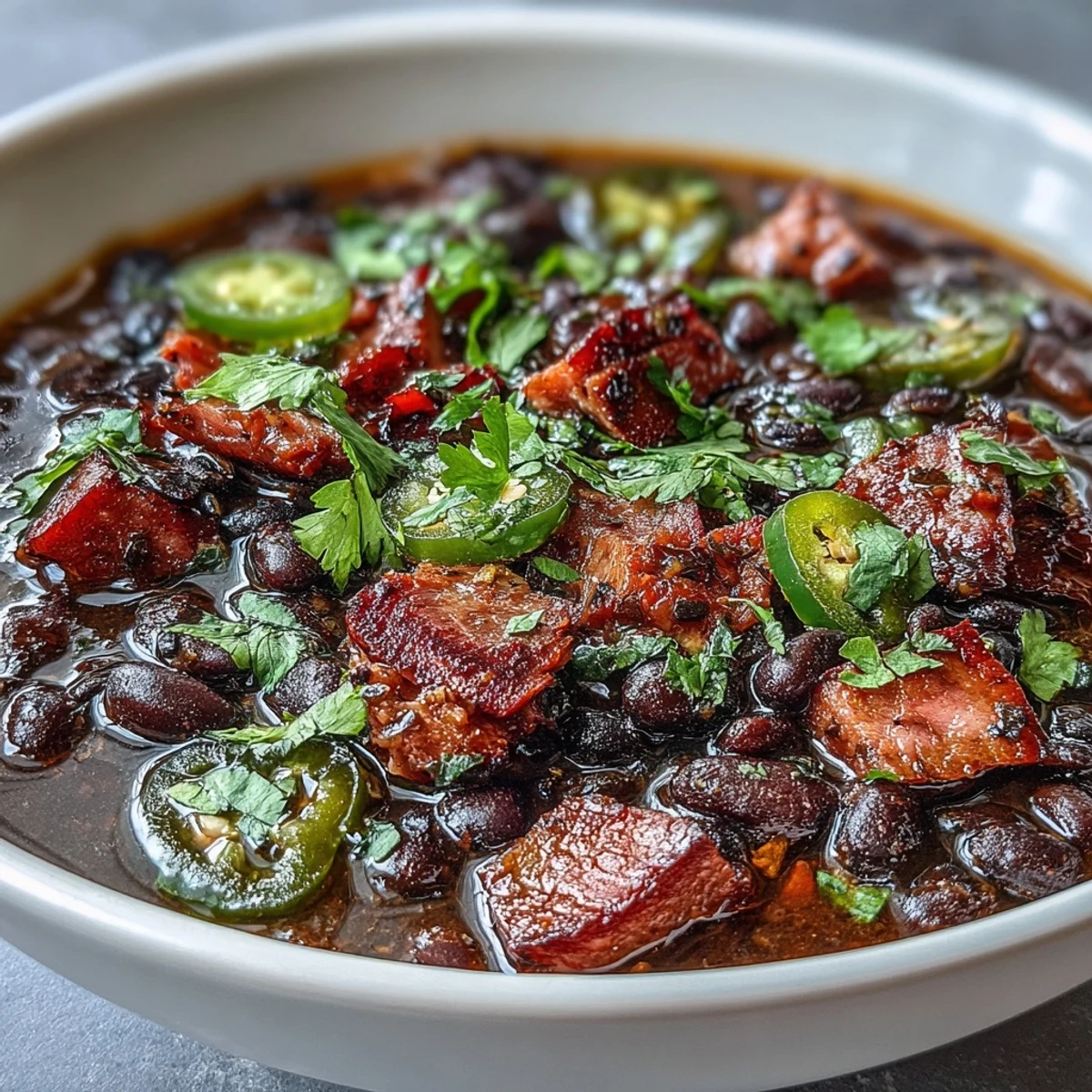 Płynna, pikantna zupa z fasolą, szynką i jalapeno, z nutą dymu i świeżości.