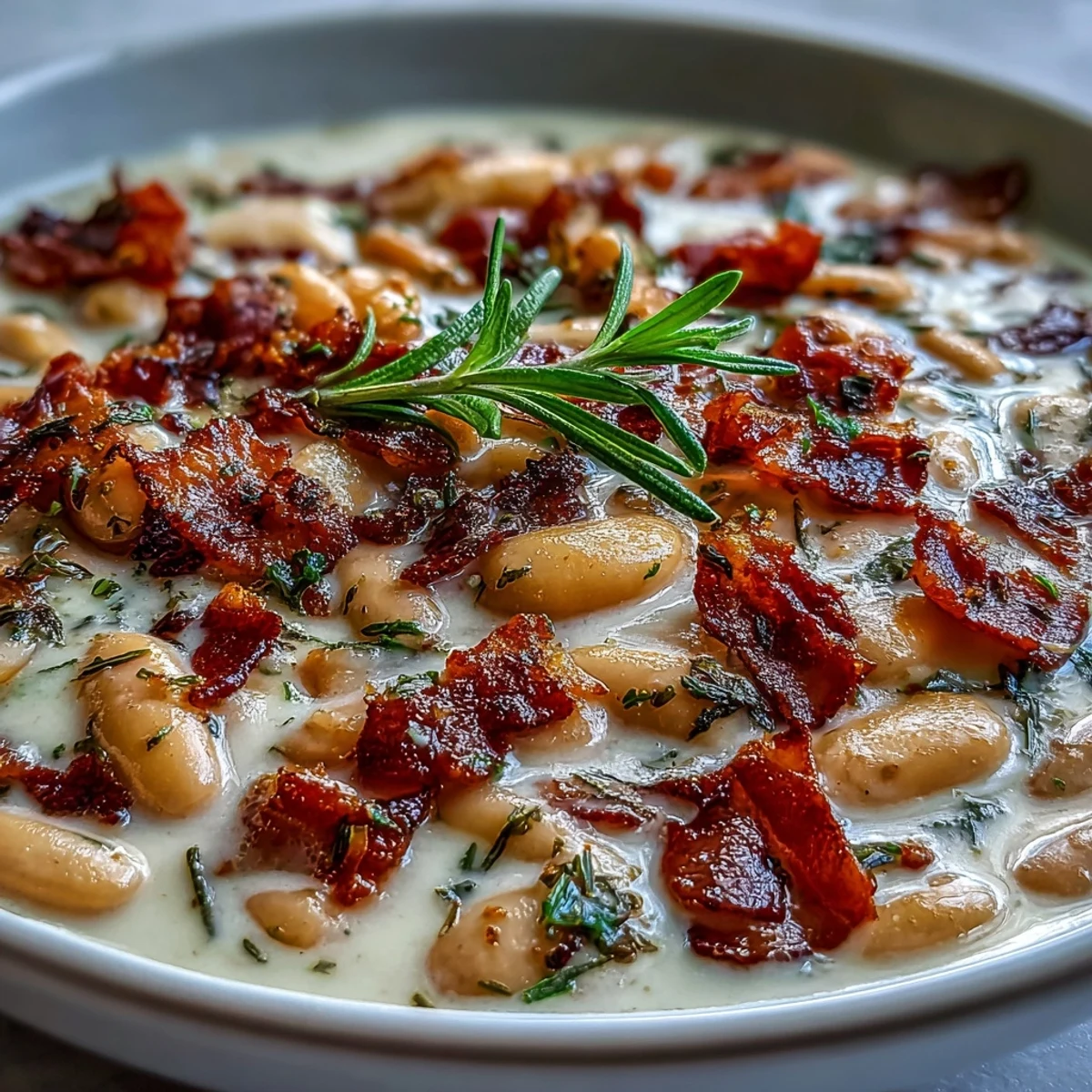 Pyszna, kremowa zupa z białych fasoli z bekonem i rozmarynem, idealna na zimne dni.  