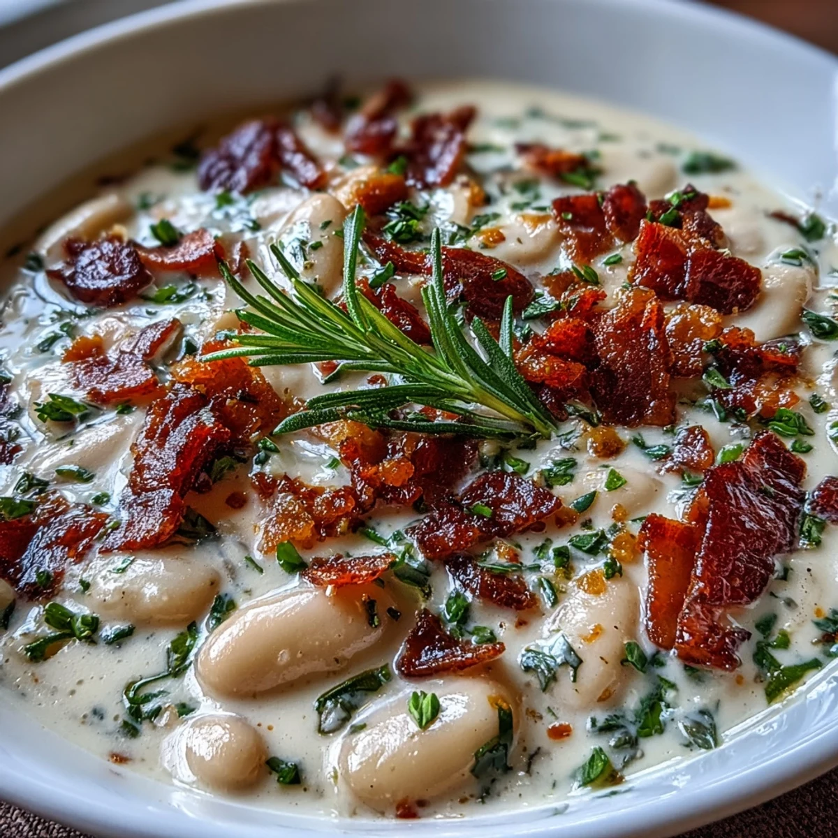 Wygodna zupa z fasoli, bekonem i aromatycznym rozmarynem, podawana z natką pietruszki.