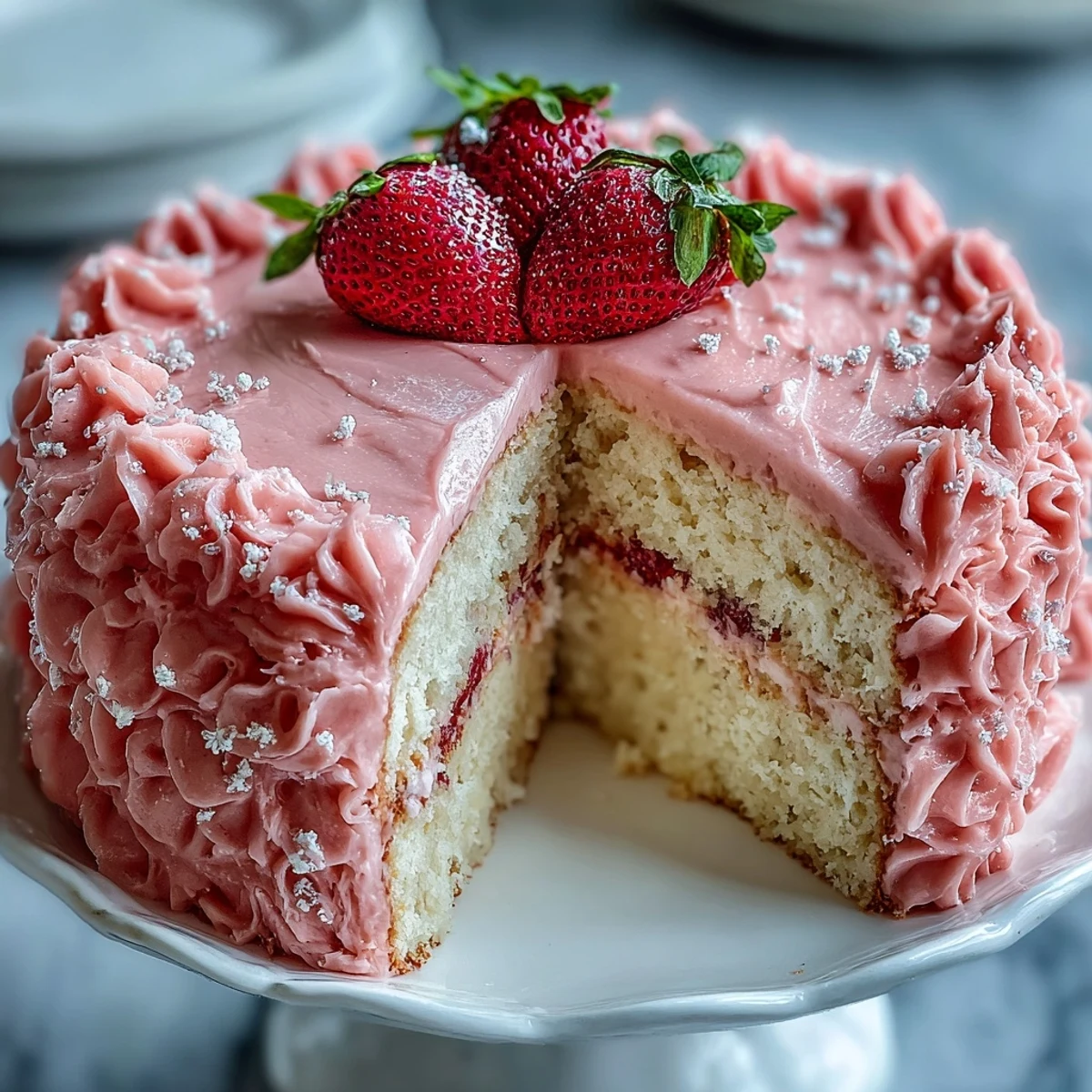 Festive Galentine's Cake with strawberry buttercream in pink ombre, adorned with fresh berries and edible glitter for a stunning celebration dessert.