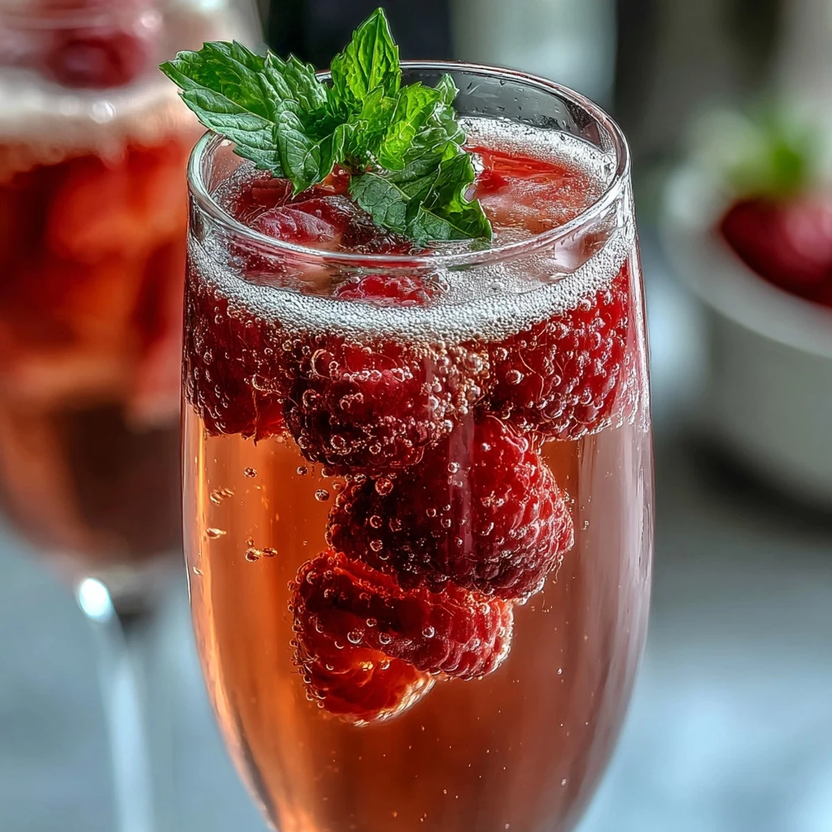 Galentines Brunch Strawberry Bellini Bar z serii świeżych truskawek i błyszczącego prosecco w eleganckich kieliszku do szampana.