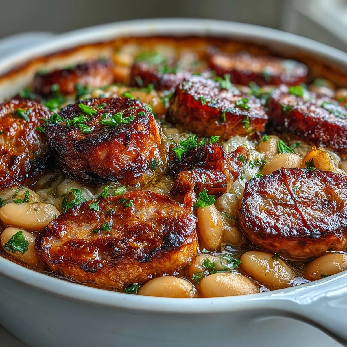 Pyszne danie z białych fasoli i szynki, gotowane w duchu na gęstą konsystencję.