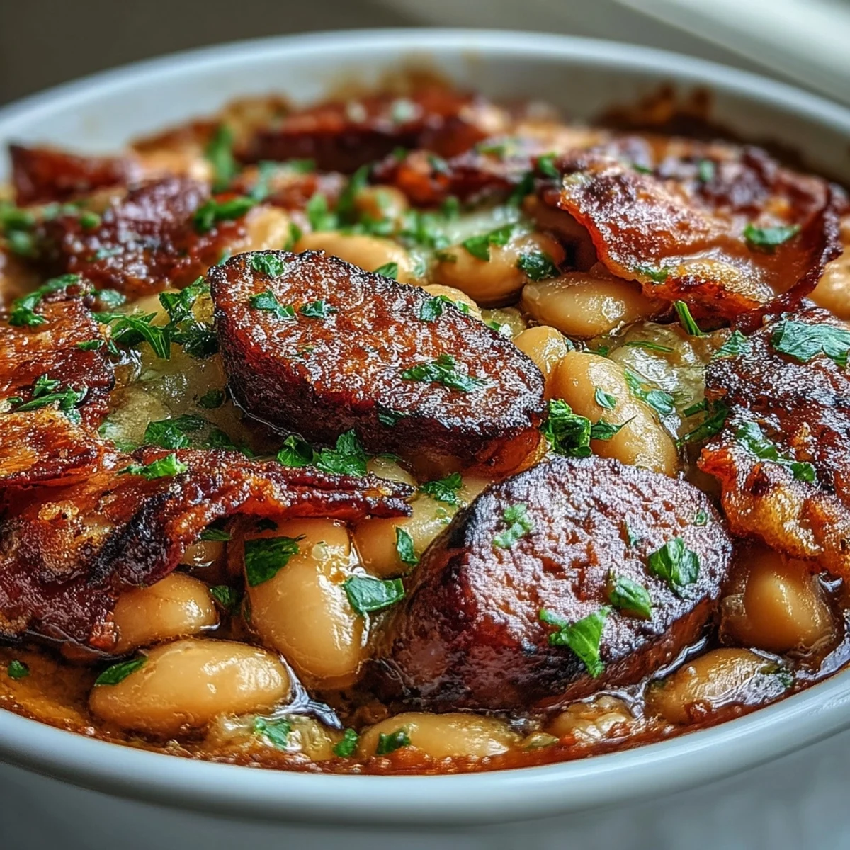 Kaszotto fasolowe z kawałkami szynki i kiełbasą, pieczone z chlebem tartym.