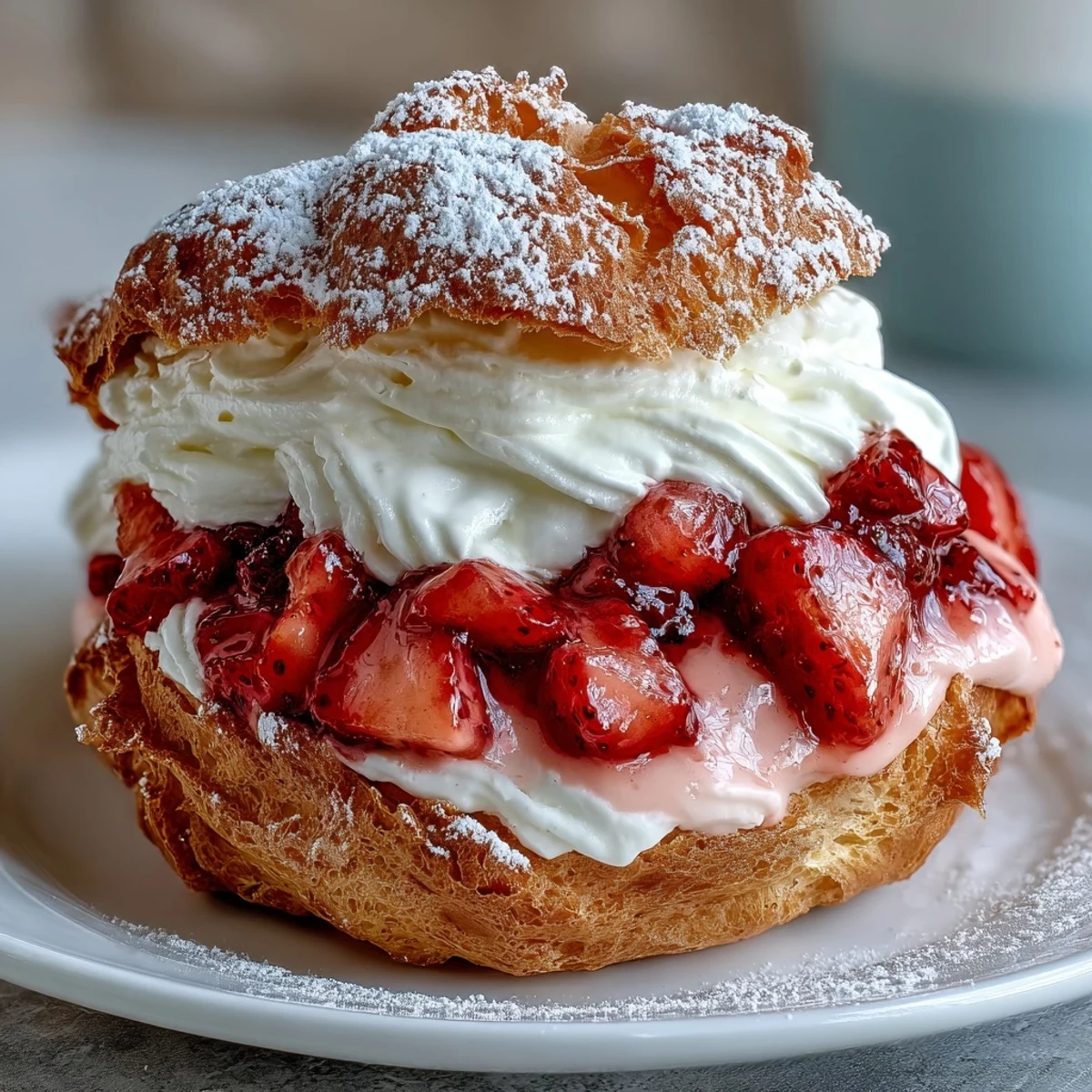 Delicate Valentine strawberry cream puffs filled with luscious strawberry whipped cream and dusted with powdered sugar.