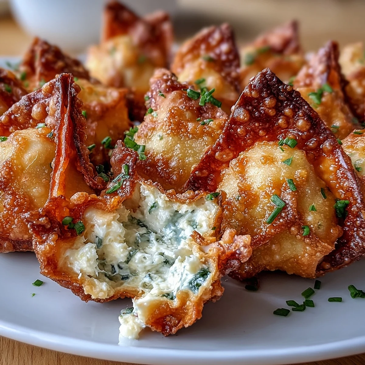 Złociste wontony z kremowym farszem z krabem, przyrządzone w frywarze jako lekka wersja klasycznej przekąski.