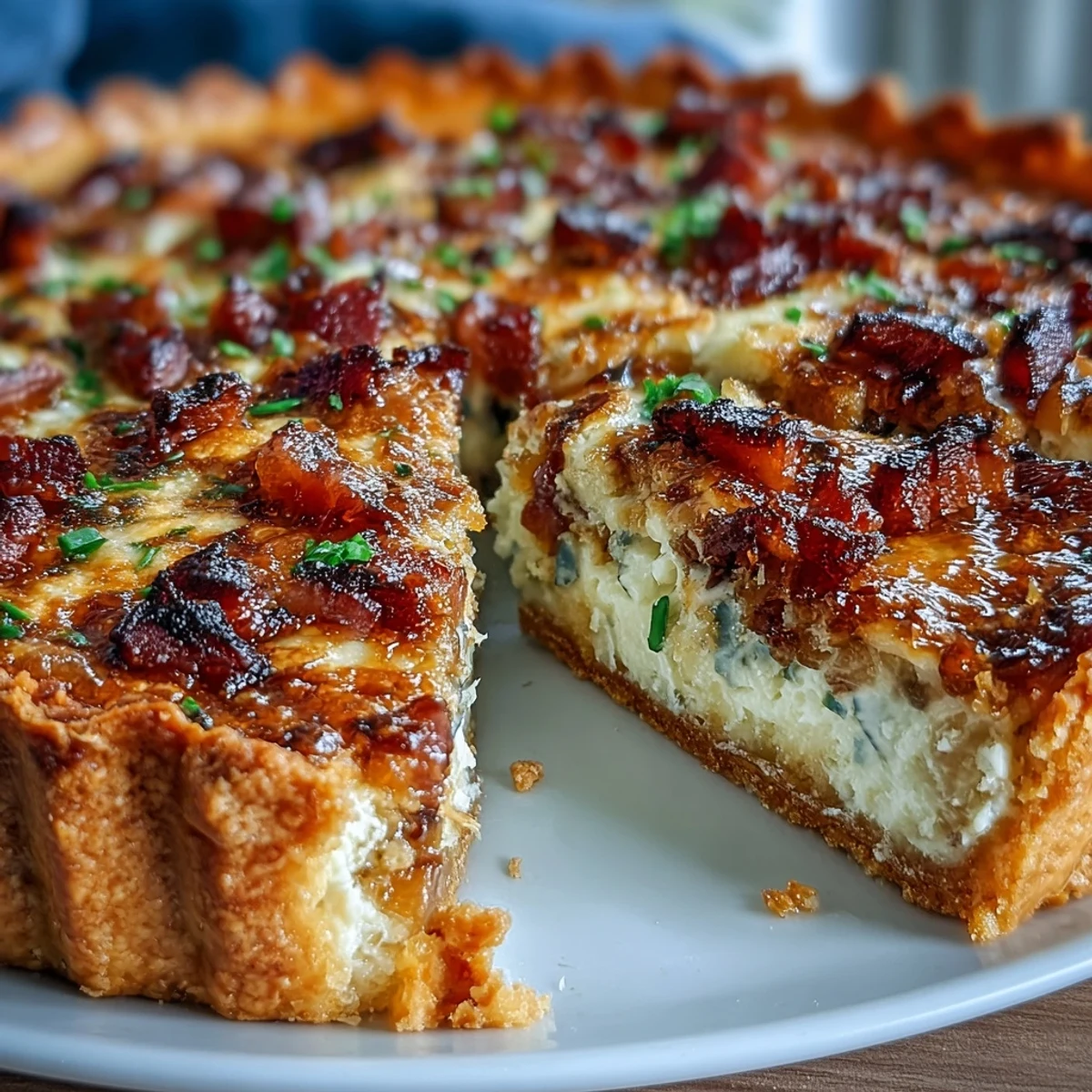 Rozpływista quiche z karmelizowaną cebulą i bekonem w chrupiącej ciasteczko, idealna na śniadanie lub kolację.
