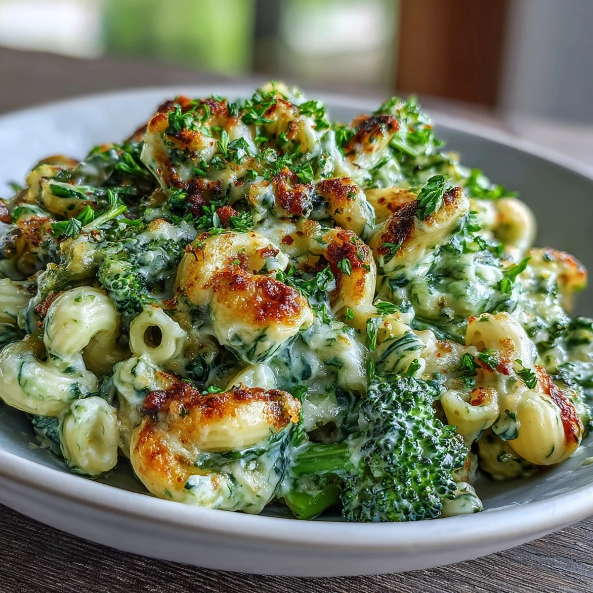 Zielone makaron z serem i szpinakiem, brokułami w aromatycznym, kremowym sosie serowym na tle białej porcelanowej miski.