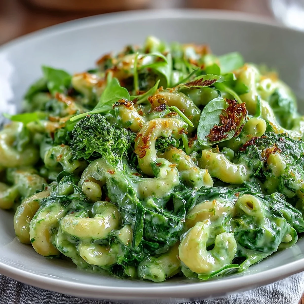 Pyszne, zielone makaron z serem z świeżym szpinakiem, brokułami i rozpływającym się serem na jasnym tle.