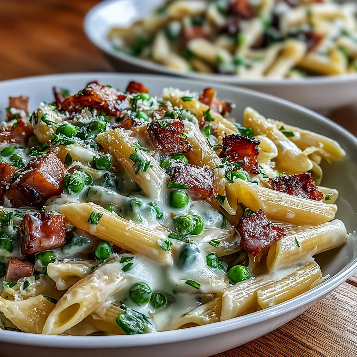 Kremowe makaronowe danie z groszkiem, szparagami i kawałkami szynki w złotej szynce sosu.  