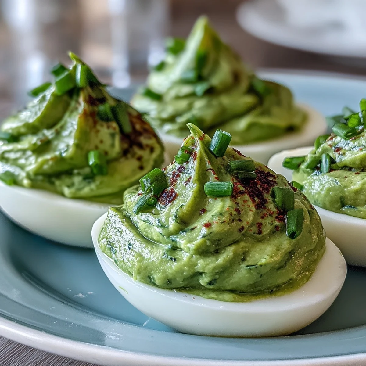 3. Bright green avocado deviled eggs topped with smoked paprika and fresh chives, offering a fresh and healthy twist on a classic appetizer.