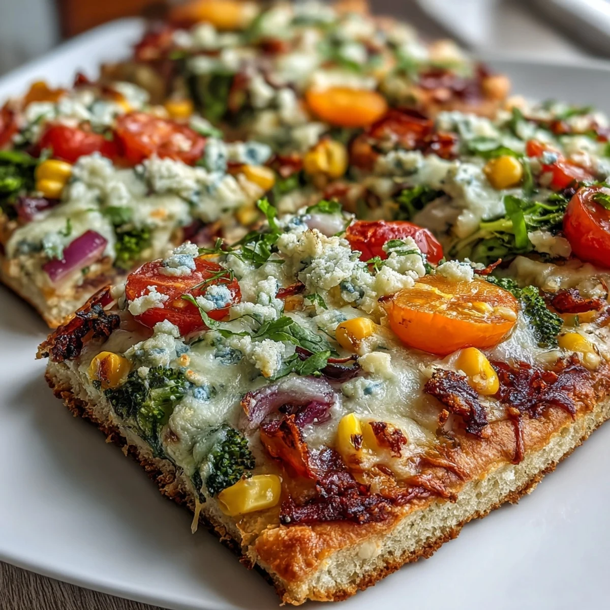 St. Patricks Day Rainbow Veggie Flatbread Pizza with colorful fresh vegetables arranged in vibrant rainbow stripes.  
