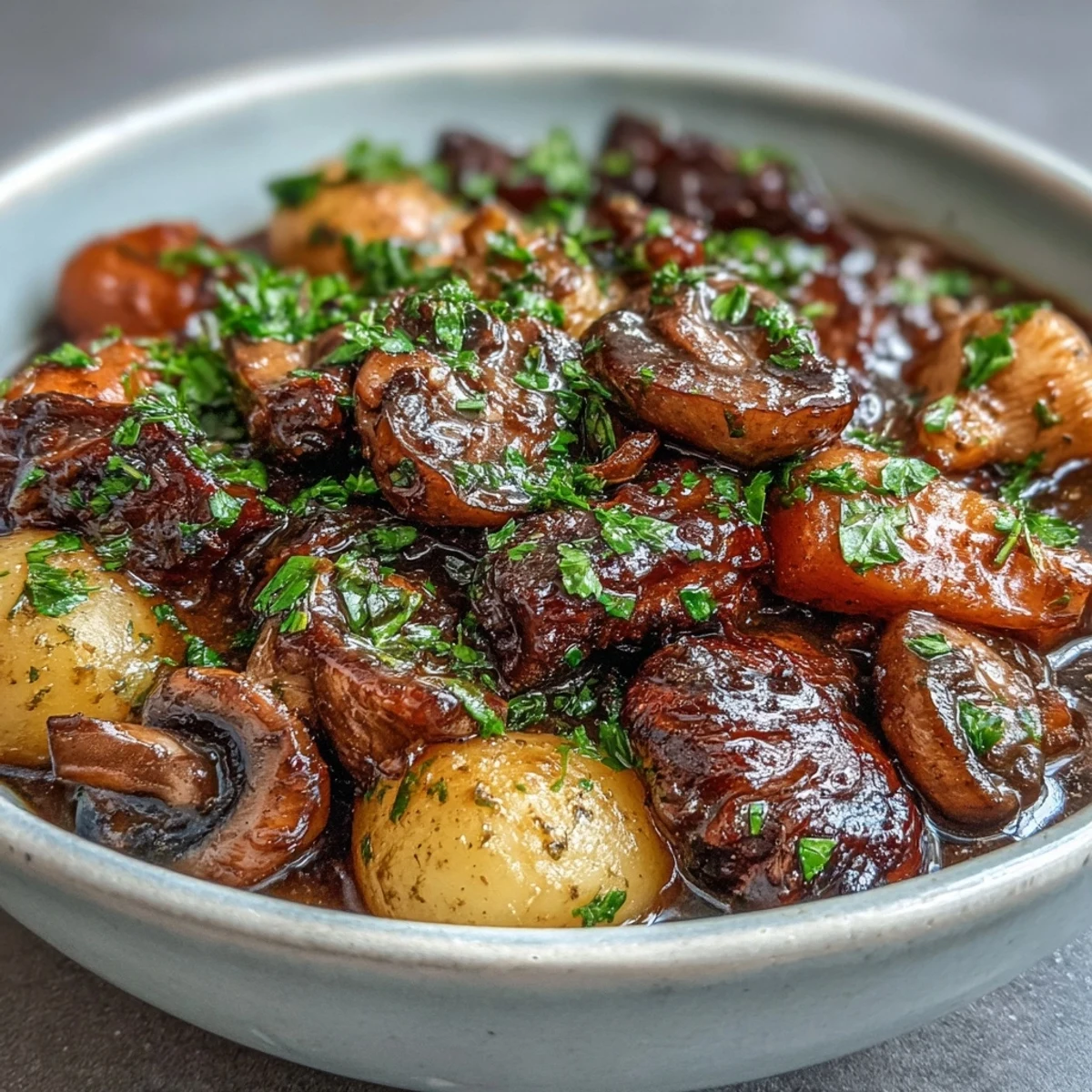 Pyszne, pełne warzyw i grzybowe mięso w zupie irlandzkiej bez Guinnessa, podane z chrupiącym chlebem.