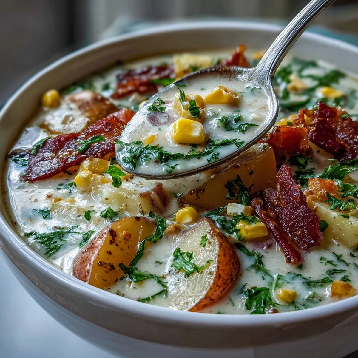 Light Ham and Potato Chowder with Celery and Corn: Creamy bowl of tender potatoes, sweet corn, and diced ham in a comforting broth, garnished with fresh parsley.