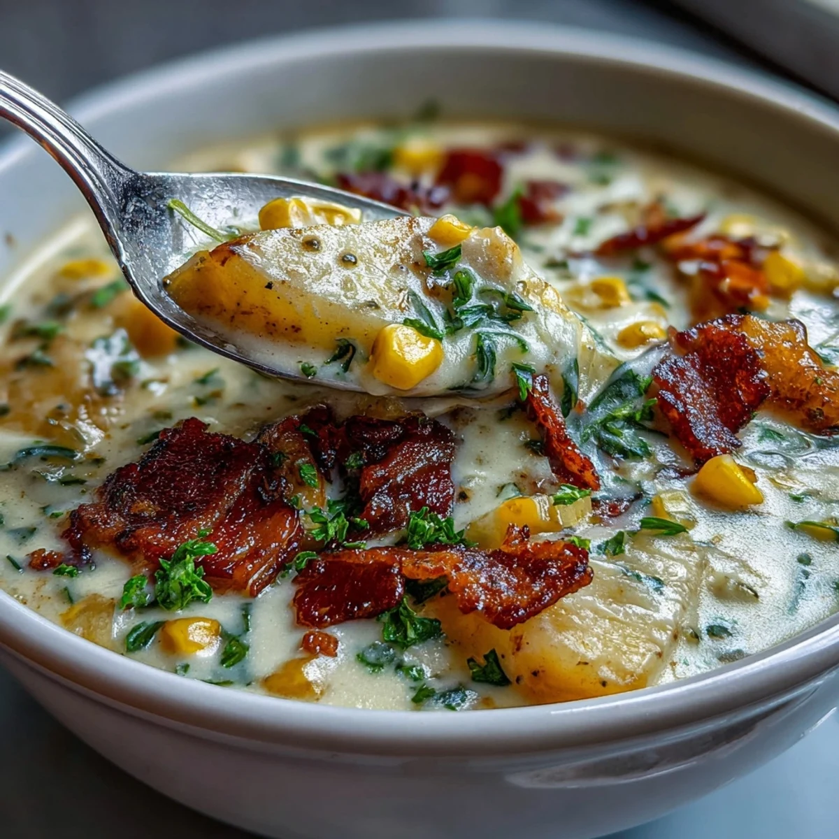 Light Ham and Potato Chowder with Celery and Corn: Hearty chowder featuring lean ham, crisp celery, and golden potatoes simmered in a light, flavorful cream base.