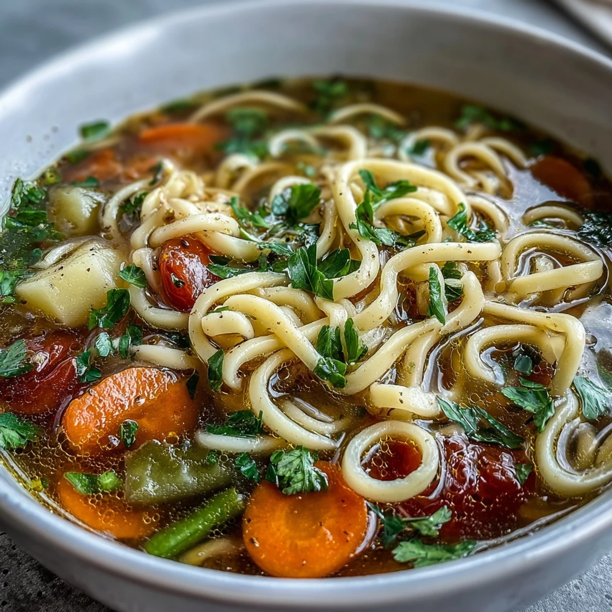 Zupa jarzynowa z makaronem - kremowa zupa z soczystymi warzywami i miękkimi makaronem, idealna na chłodne dni.