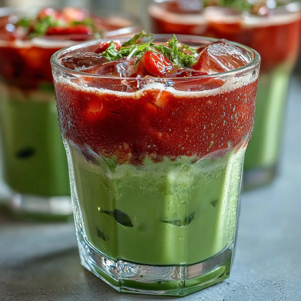 Świeży koktajl lodowy z truskawką i matcha, przygotowany z kremowej mleka kokosowego i słodki z syropu klonowego.
