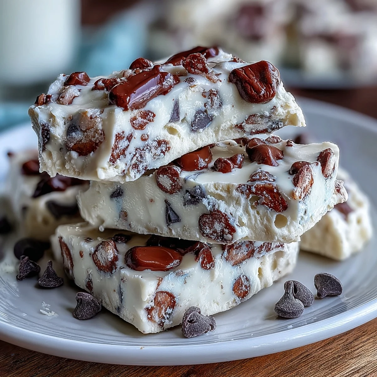 Pyszna, białkowa kawałka jogurtu greckiego z serem wiejskim i ciasteczkowym ciastem, z malutkimi czekoladkami.  
