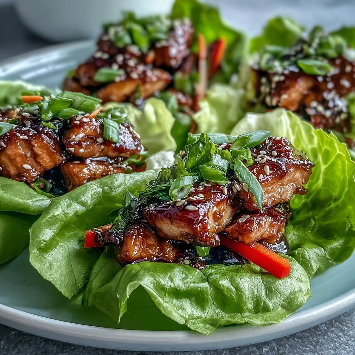 Fresh butter lettuce cups loaded with savory teriyaki chicken, sweet pineapple, crunchy veggies, and aromatic herbs, perfect for a healthy and flavorful dinner.