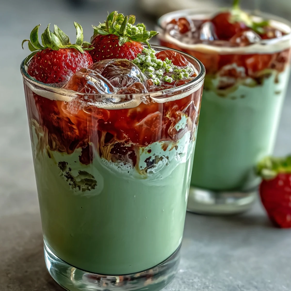 Świeży latte matcha z truskawkami i puszystym mlekiem owsianym – słodki, kremowy, odświeżający napój bez laktozy.